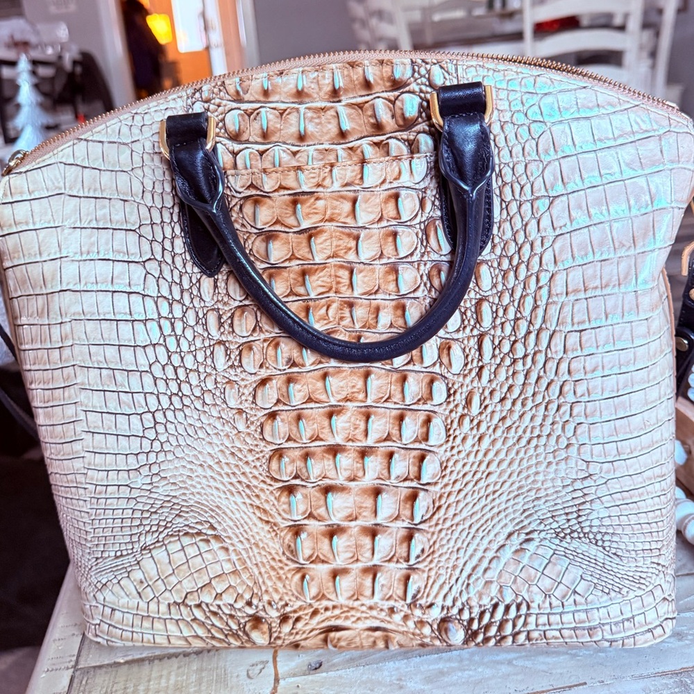 Brahmin Tan and Black Crocodile-Embossed Shoulder Bag - Picture 5 of 7